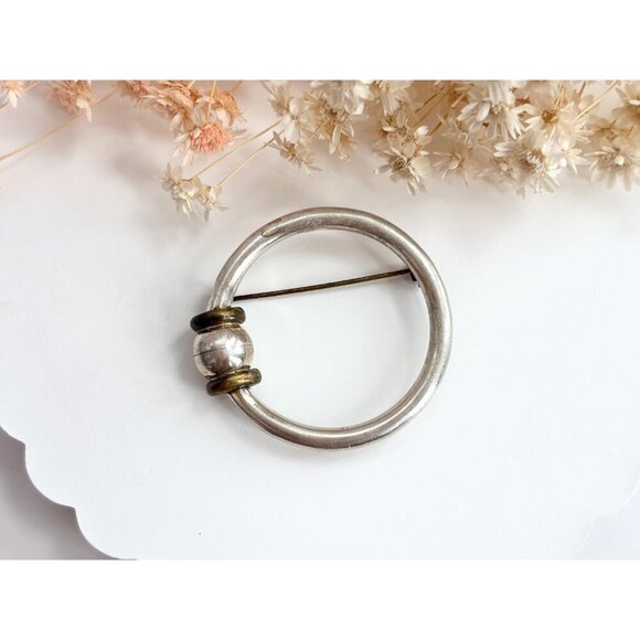 Dual Toned Gold & Sterling Silver Vintage Circular Shaped Minimalist Brooch Pin - Picture 8 of 10